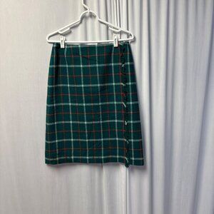 Vintage Evan-Picone Green Plaid Wool Skirt Womens Size 14 Fringe Classic Western